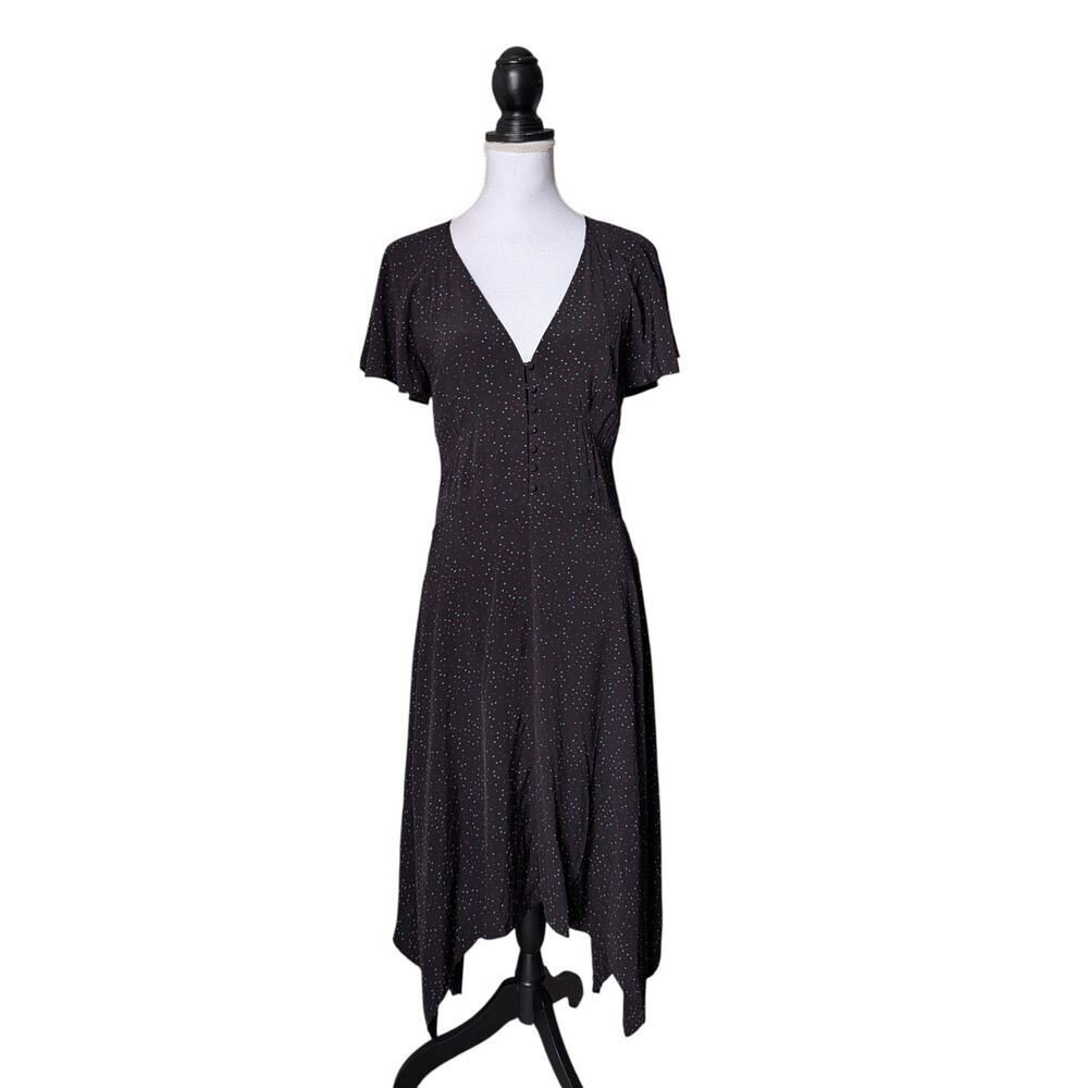Joie Tamyra Heart Print Midi Dress Size 6 Sharkbite V Neck Chiffon Black Caviar